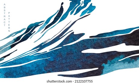 Blue texture background with Japanese wave pattern in vintage style. Abstract landscape banner design with watercolor texture vector.