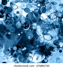 Blue texture with different spots, ovals, curved stripes. Abstract vector background. Seamless pattern for fabric, wrapping, home decor. 