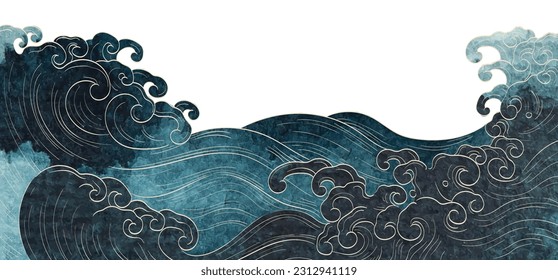 Textura azul con el patrón de onda oceánica japonesa en estilo vintage. Resumen de diseño de banner de paisajes de arte con vector de textura de acuarela.