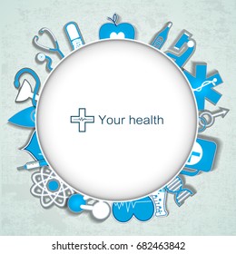 Blue textured background with white round text field in middle and various medical icons flat vector illustration