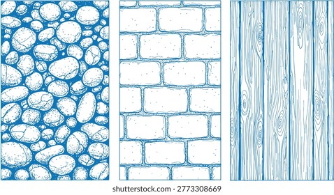 Blue textured backgrounds of pebbles, bricks, and wood grain patterns vector background .