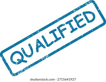 Ein blau strukturierter Stempelabdruck aus Gummi mit dem Wort "QUALIFIED" diagonal über eine weiße Oberfläche. Stellt die Zertifizierung und Genehmigung dar.
