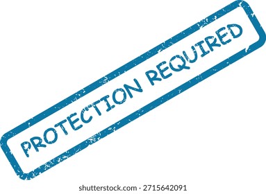 Ein blau strukturierter Stempelabdruck aus Gummi mit den Worten "SCHUTZ ERFORDERLICH" diagonal über eine weiße Oberfläche. Betont Sicherheit.