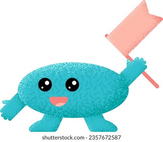 Blue textured shape character with flag. Funny mascot