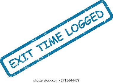 Un efecto de sello texturizado azul con la frase "EXIT TIME LOGGED" presentada en diagonal, aislada en un campo blanco puro.