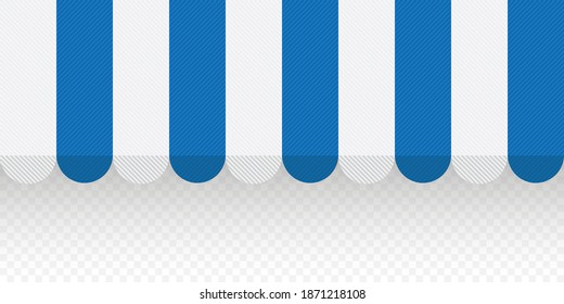 Blue textured striped awning for shop. Tent sun shade for market on transparent background. Vector illustration