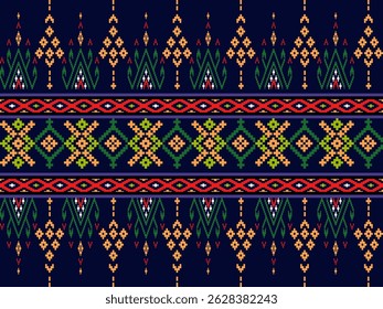 Tecido tailandês azul com padrões geométricos tradicionais ikat.