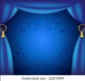 Blue theater curtain and floral ornament. Vector background. eps 10