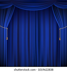 Blue theater curtain. Silk textile background. Stock vector illustration.