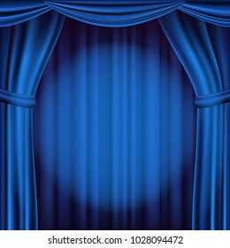 Blue Theater Curtain Vector. Theater, Opera Or Cinema Scene. Realistic Illustration
