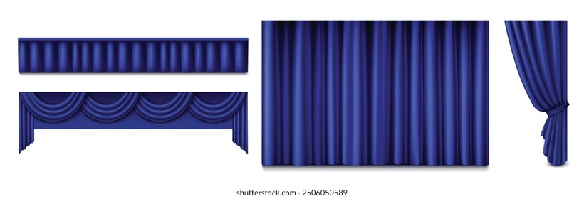 Blue theater stage curtain closed and open, long and short top border isolated on white background. Realistic 3d vector illustration set of velvet cloth drapery of cinema, concert or theatre scene.