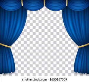 Blue theater stage curtain with drapery. Vector illustration of open velvet drapes with golden cord in cinema, opera, drama performance or show isolated on transparent background