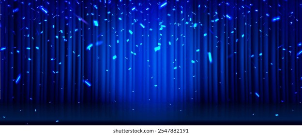 Blue theater stage curtain with falling luminous confetti and spotlight effect. Realistic closed cinema stage drapery with floor for theatrical performances, award ceremonies or entertainment shows.