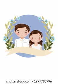 blue theme with floral ornament cute couple illustration