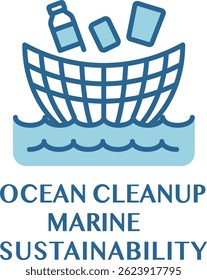 Blue themed icon showing a net collecting plastic bottles and trash from ocean waves, symbolizing marine sustainability efforts.
