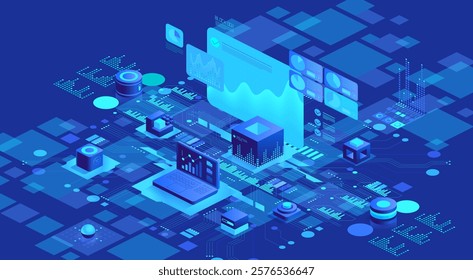 Blue themed illustration of a data center. Isometric view of multiple servers and connected devices. Perfect for articles about data storage, networking, and cybersecurity. 