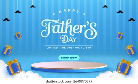 A blue themed illustration featuring a Fathers Day greeting, gift boxes, and a promotional offer advertisement. Includes festive visuals such as hanging mustaches, a podium.