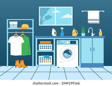 Blue themed laundry room flat design. Vector image. 