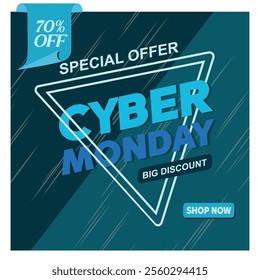 Blue themed promotional graphic highlighting Cyber Monday discounts with clear text announcing seventy off and shop now. Flat vector modern illustration 