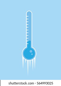 Blue thermometer ice cold with icicles
