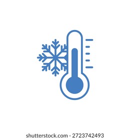 Ícone de termômetro azul com floco de neve indicando temperaturas congelantes e tempo frio