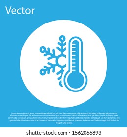 Blue Thermometer with snowflake icon isolated on blue background. White circle button. Vector Illustration