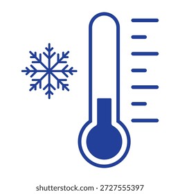 Termómetro azul con el Vector del icono del copo de nieve. Símbolo de temperatura fría aislado en blanco. Signo de Clima invernal para pronóstico, meteorología, clima helado y termostato.
