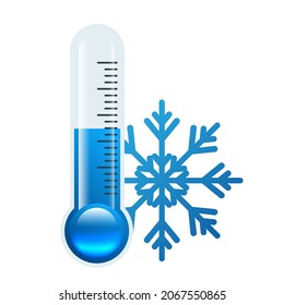 Blue thermometer with a snowflake. Winter concept showing low temperatures. Below zero. Vector illustration isolated on white background.