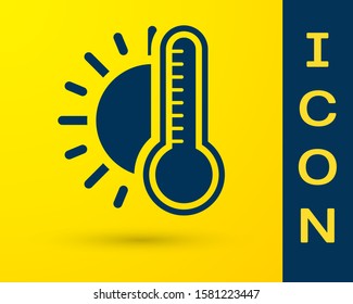 Blue Thermometer with sun icon isolated on yellow background.  Vector Illustration