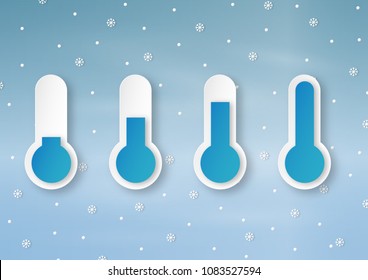 Blue thermometers with different levels on winter weather forecast of snowballs and snowflakes drop in the air on sky background. Vector illustration.
