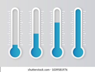 Blue thermometers with different levels. Vector illustration.