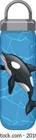 A blue thermos bottle with orca whale pattern illustration