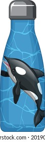 A blue thermos bottle with orca whale pattern illustration