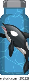 A blue thermos bottle with orca whale pattern illustration