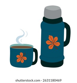 A blue thermos and a camping mug with an autumn leaf on them, for tea or coffee. Vector drawing on a white background.