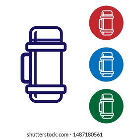 Blue Thermos container icon isolated on white background. Thermo flask icon. Camping and hiking equipment. Set color icons in circle buttons. Vector Illustration