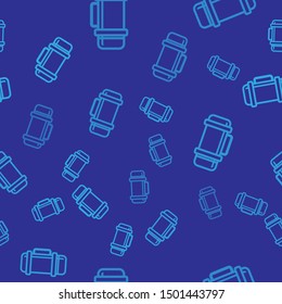 Blue Thermos container icon isolated seamless pattern on blue background. Thermo flask icon. Camping and hiking equipment.  Vector Illustration