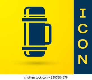 Blue Thermos container icon isolated on yellow background. Thermo flask icon. Camping and hiking equipment.  Vector Illustration