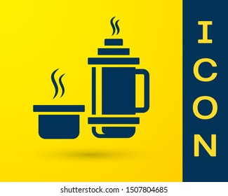 Blue Thermos container icon isolated on yellow background. Thermo flask icon. Camping and hiking equipment.  Vector Illustration