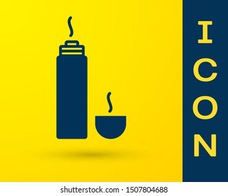 Blue Thermos container icon isolated on yellow background. Thermo flask icon. Camping and hiking equipment.  Vector Illustration