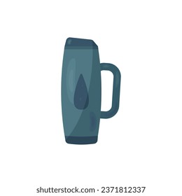 Blue thermos with daisies and foliage, on a blue and white background. Large thermos for hiking and traveling, for sports or fitness. Vector illustration in cartoon flat style.