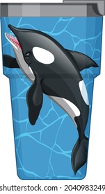 A blue thermos flask with orca whale pattern illustration