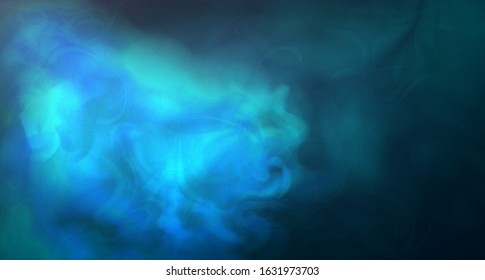 Blue thick steam on dark background. Blue fog. Colored smoke. Turquoise tones and blurry bursts of light. Abstract neon night background. 3d Realistic fog. Vector stock illustration. Copy space.