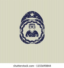 Blue thief icon inside distress rubber grunge texture seal