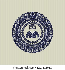Blue thief icon inside distressed grunge stamp