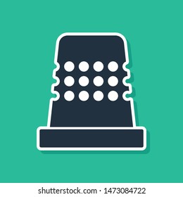 Blue Thimble for sewing icon isolated on green background.  Vector Illustration