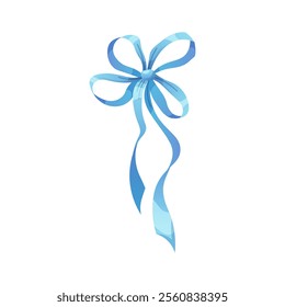 Blue thin bow on white background. Festive ribbon, tied bow. Vector isolated element