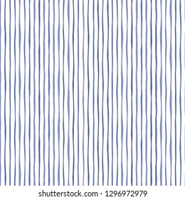 Blue Thin Hand Drawn Wavy Uneven Vertical Stripes On White Backrgound Vector Seamless Pattern. Classic Abstract Geo