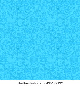 Blue Thin Line Baby Boy Seamless Pattern. Vector Website Design and Seamless Background in Trendy Modern Outline Style. Baby Shower and Newborn.