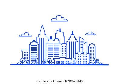 Blue Thin line City landscape. Downtown landscape with high skyscrapers. Panorama architecture. Goverment buildings Isolated outline illustration. City landscape template. Urban life Vector